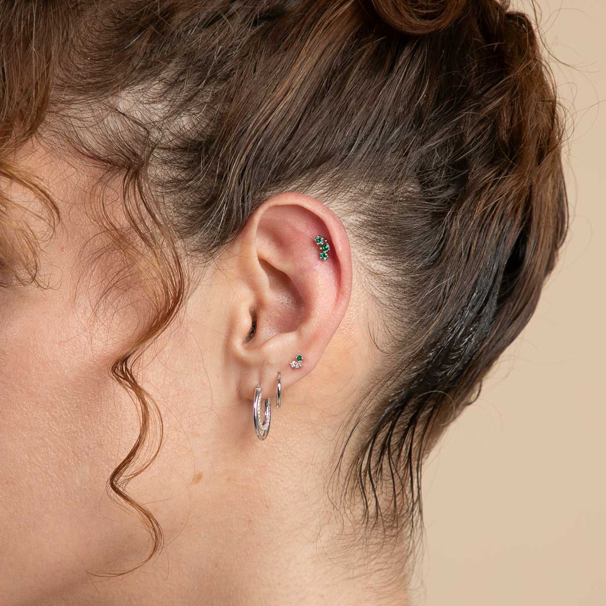 Emerald Curved Piercing Stud in Solid White Gold