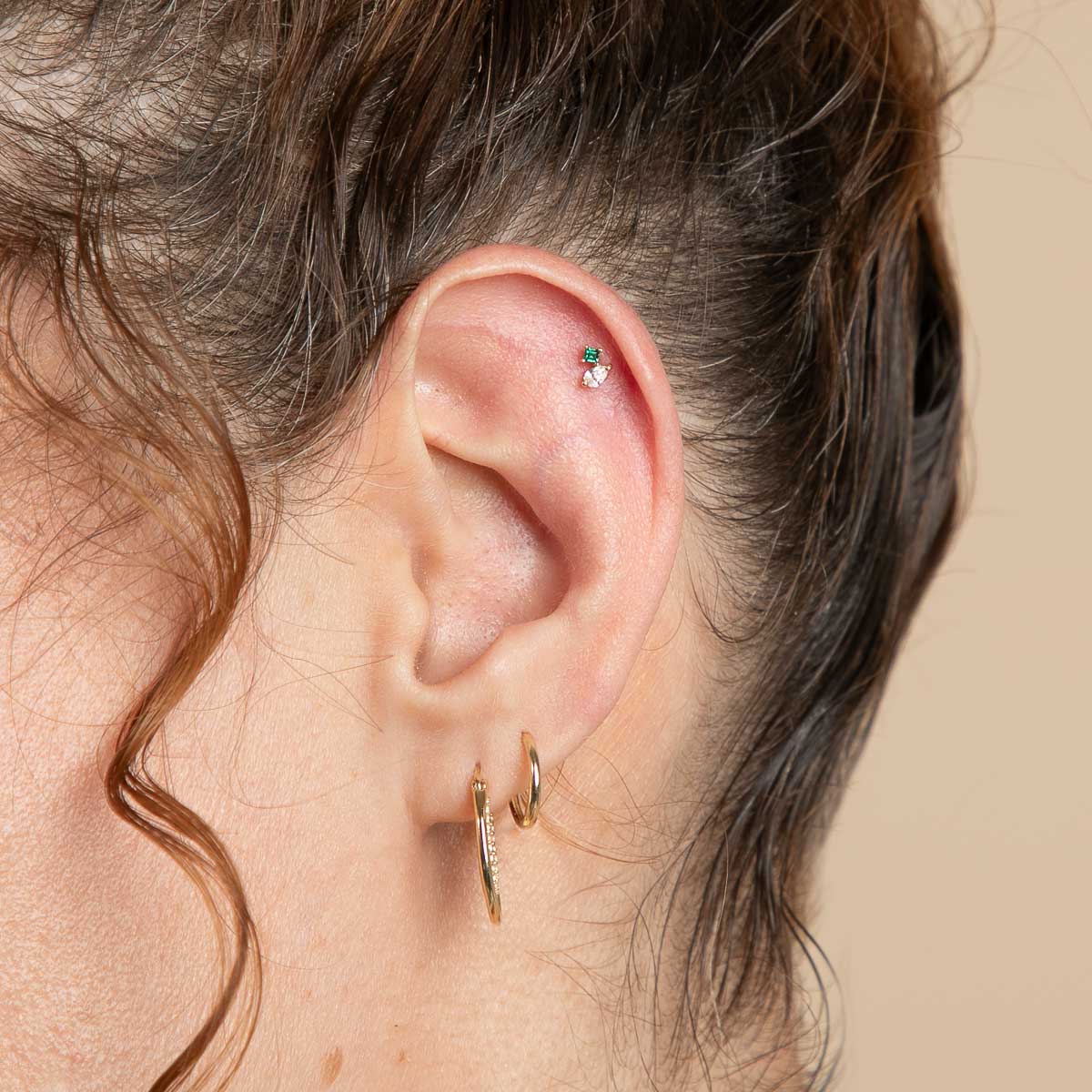 Diamond & Emerald Pear Piercing Stud in Solid Gold