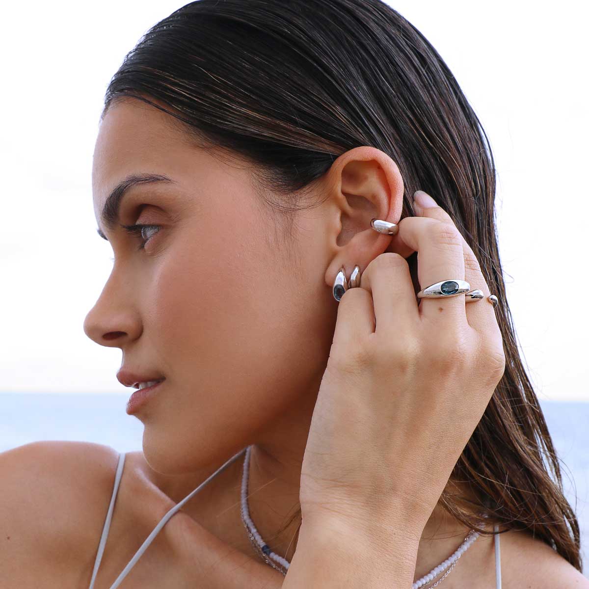Blue Topaz Dome Hoops in Silver