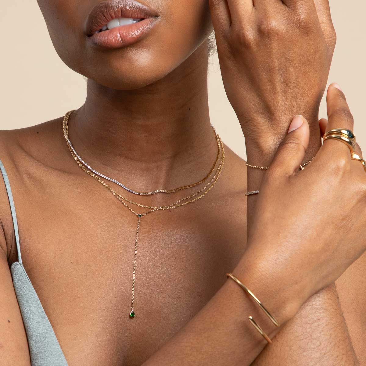 Green Topaz Lariat Necklace in Gold