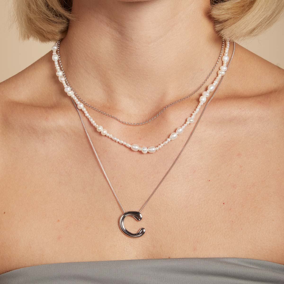 C Initial Bold Pendant Necklace in Silver