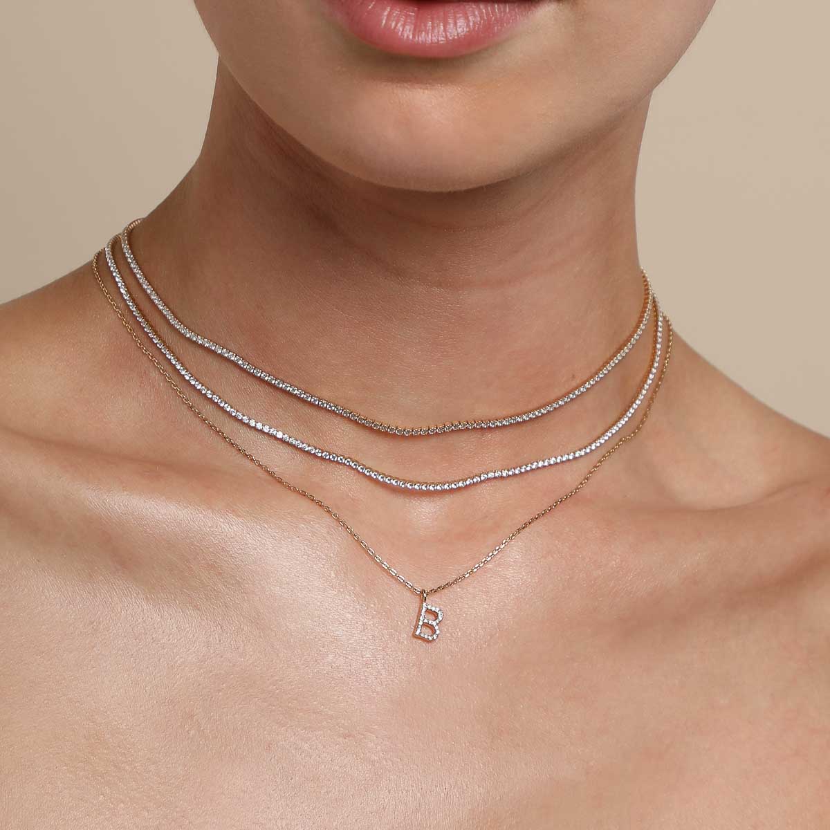 B Initial Pavé Pendant Necklace in Gold