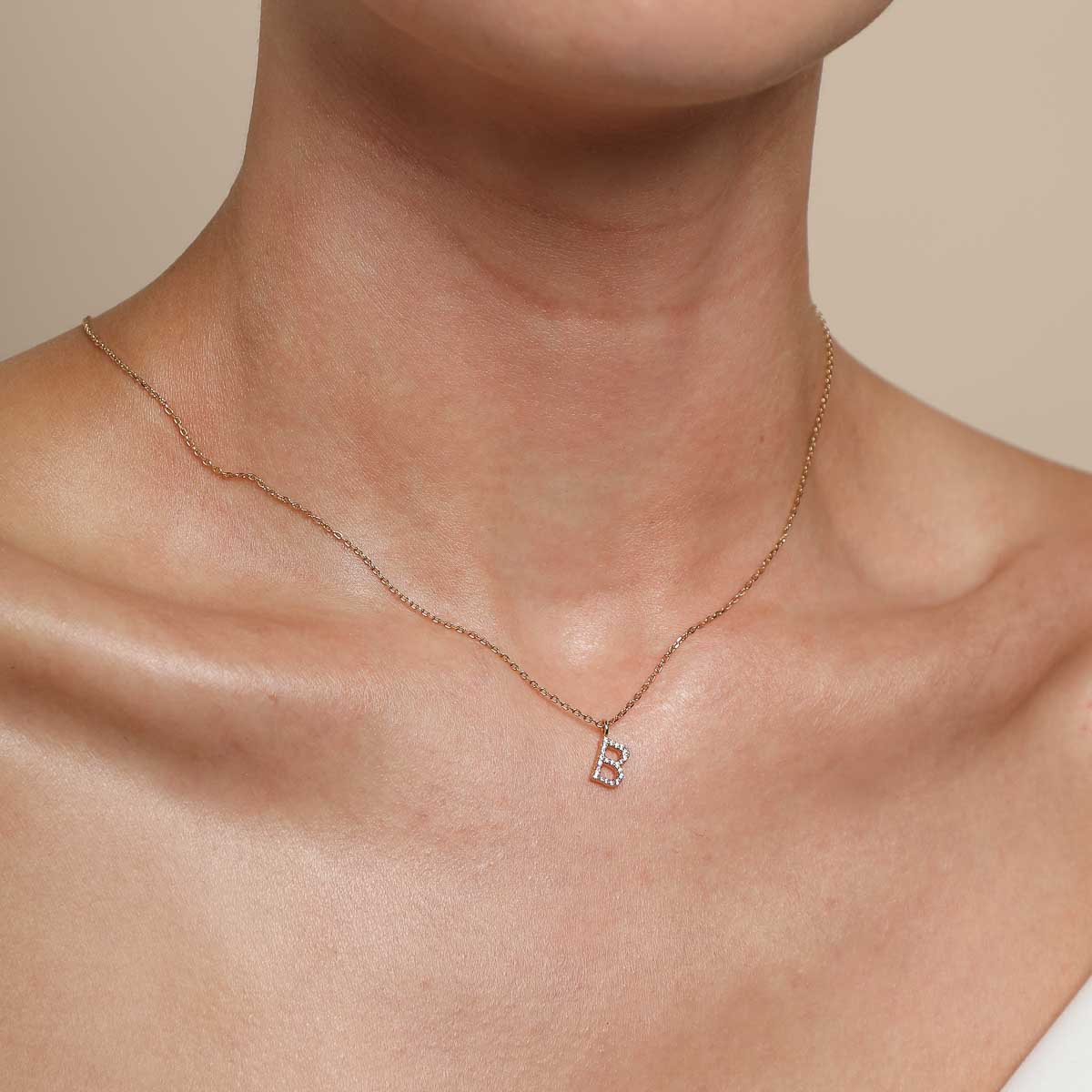 18k Gold Plated Jewellery - B Initial Pavé Pendant Necklace in Gold - Pendant Necklace - Astrid & Miyu
