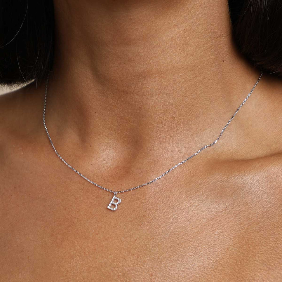 B Initial Pavé Pendant Necklace in Silver