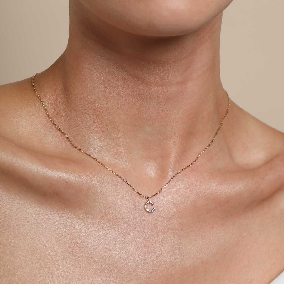 18k Gold Plated Jewellery - C Initial Pavé Pendant Necklace in Gold - Pendant Necklace - Astrid & Miyu