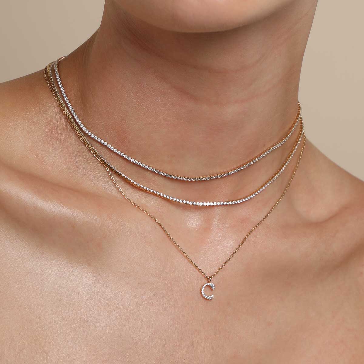 C Initial Pavé Pendant Necklace in Gold