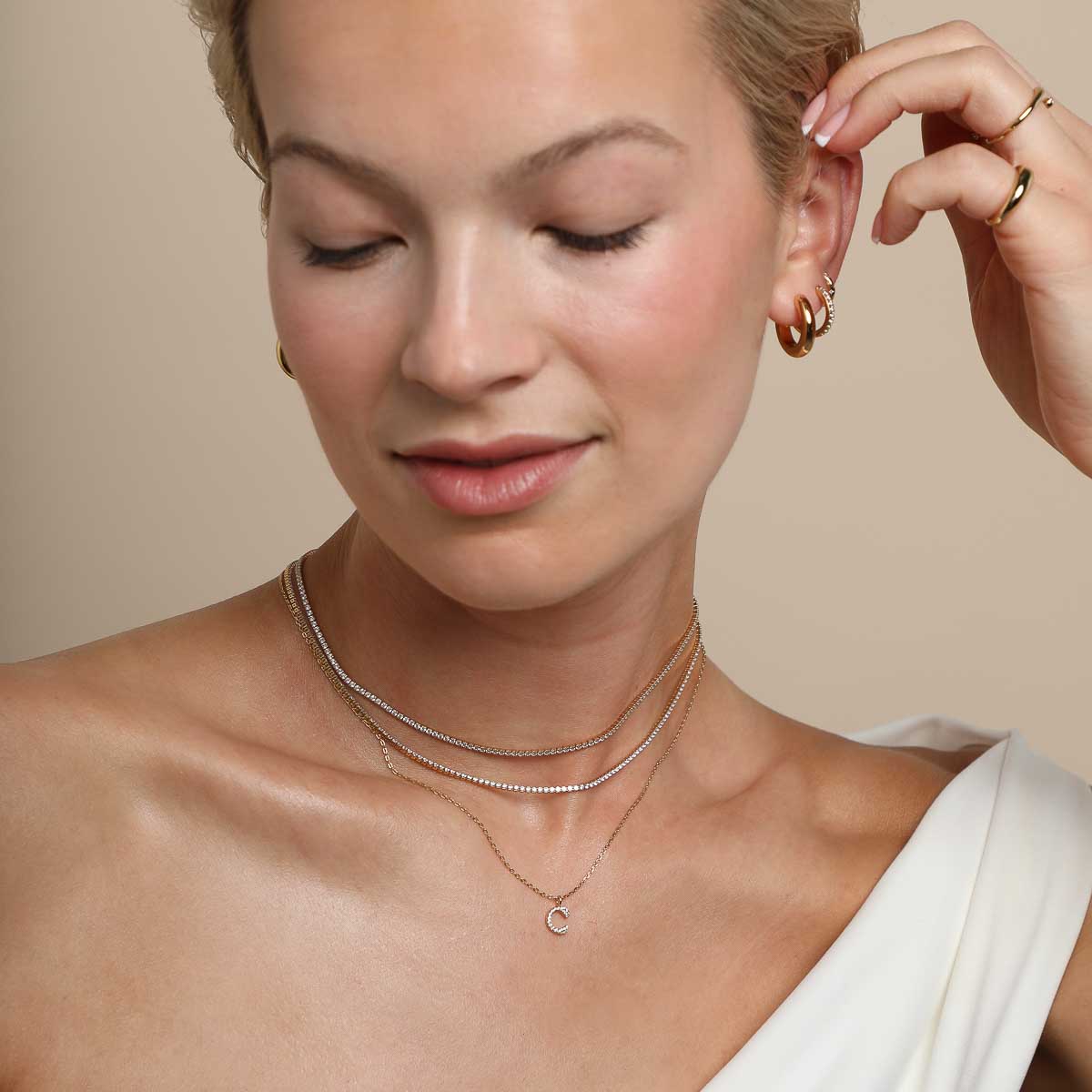 C Initial Pavé Pendant Necklace in Gold