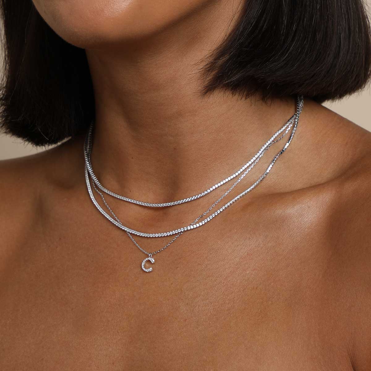 C Initial Pavé Pendant Necklace in Silver