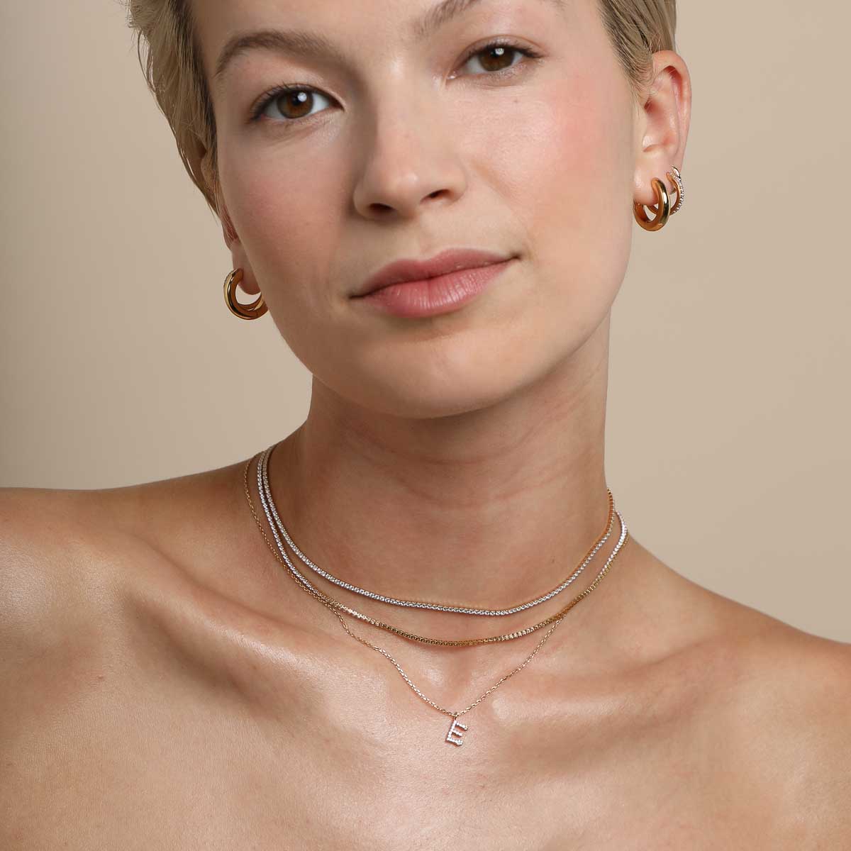 E Initial Pavé Pendant Necklace in Gold