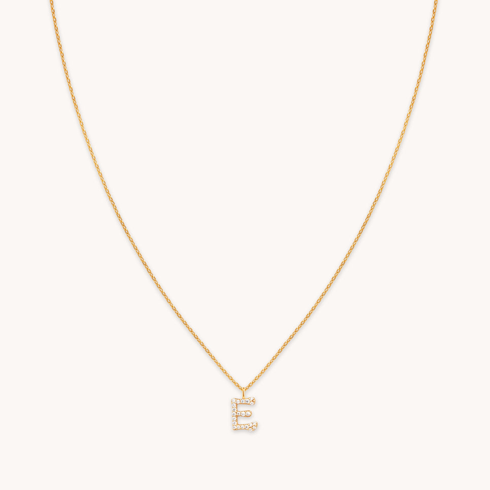 18k Gold Plated Jewellery - E Initial Pavé Pendant Necklace in Gold - Pendant Necklace - Astrid & Miyu