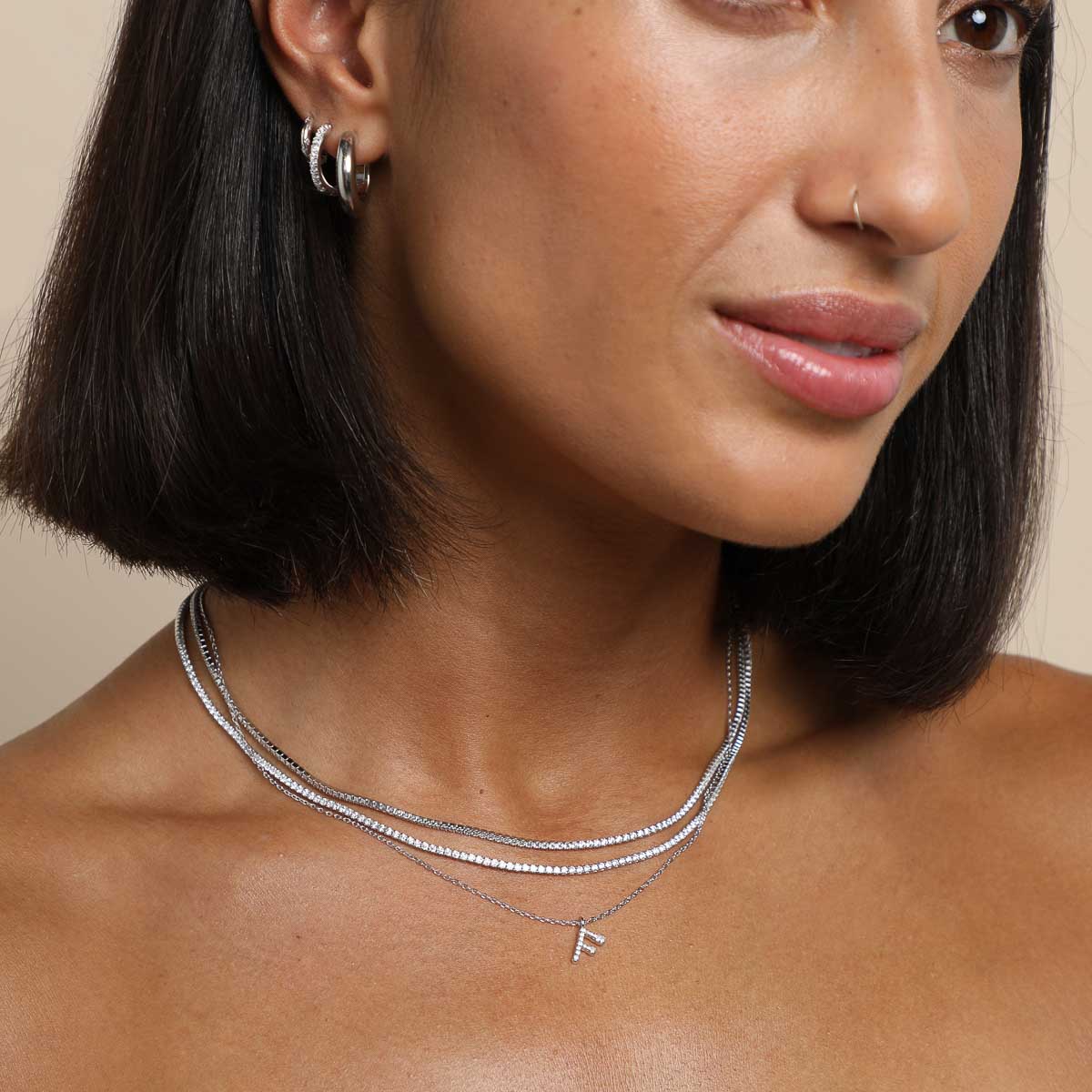 F Initial Pavé Pendant Necklace in Silver