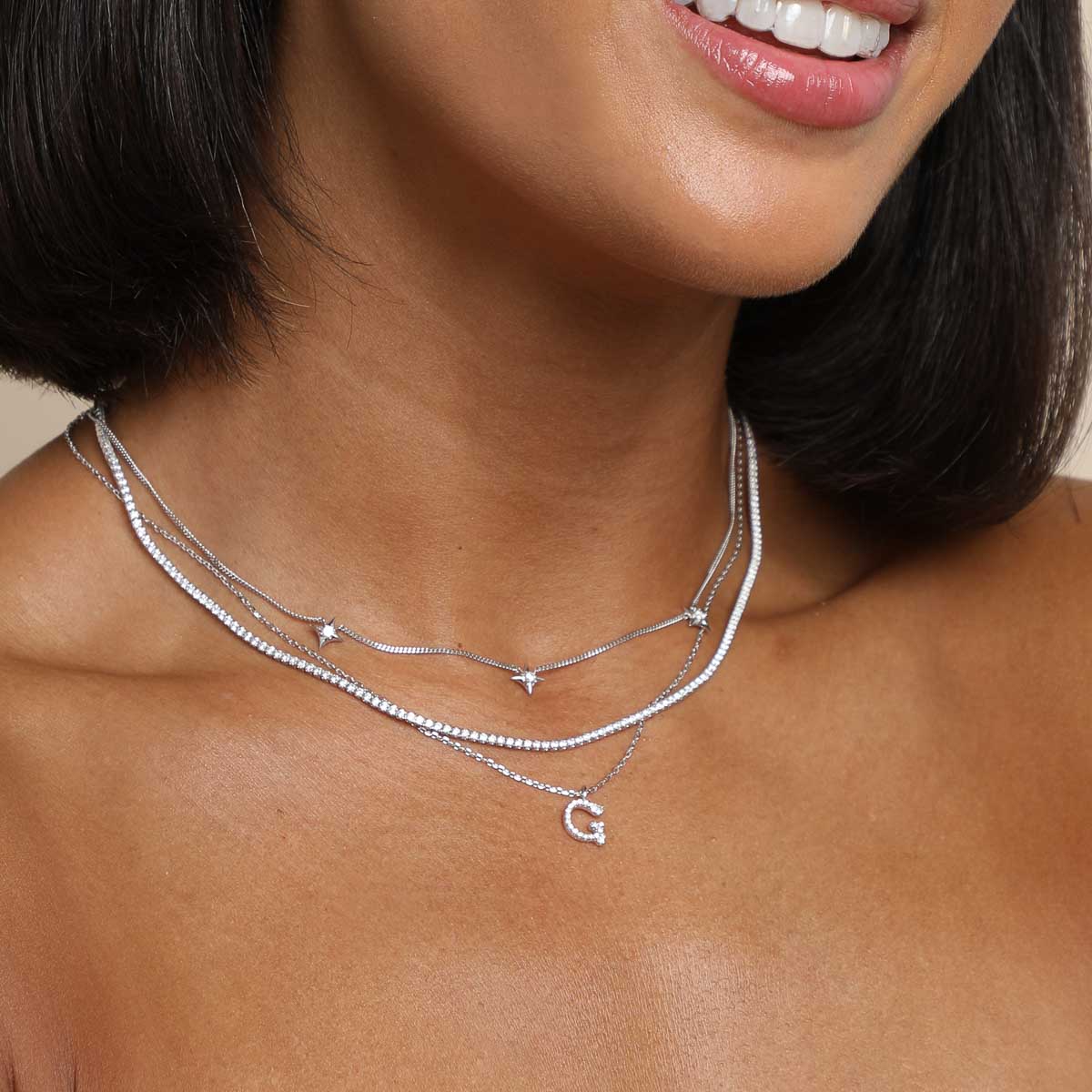 Gemstone Necklaces - G Initial Pavé Pendant Necklace in Silver - Pendant Necklace - Astrid & Miyu