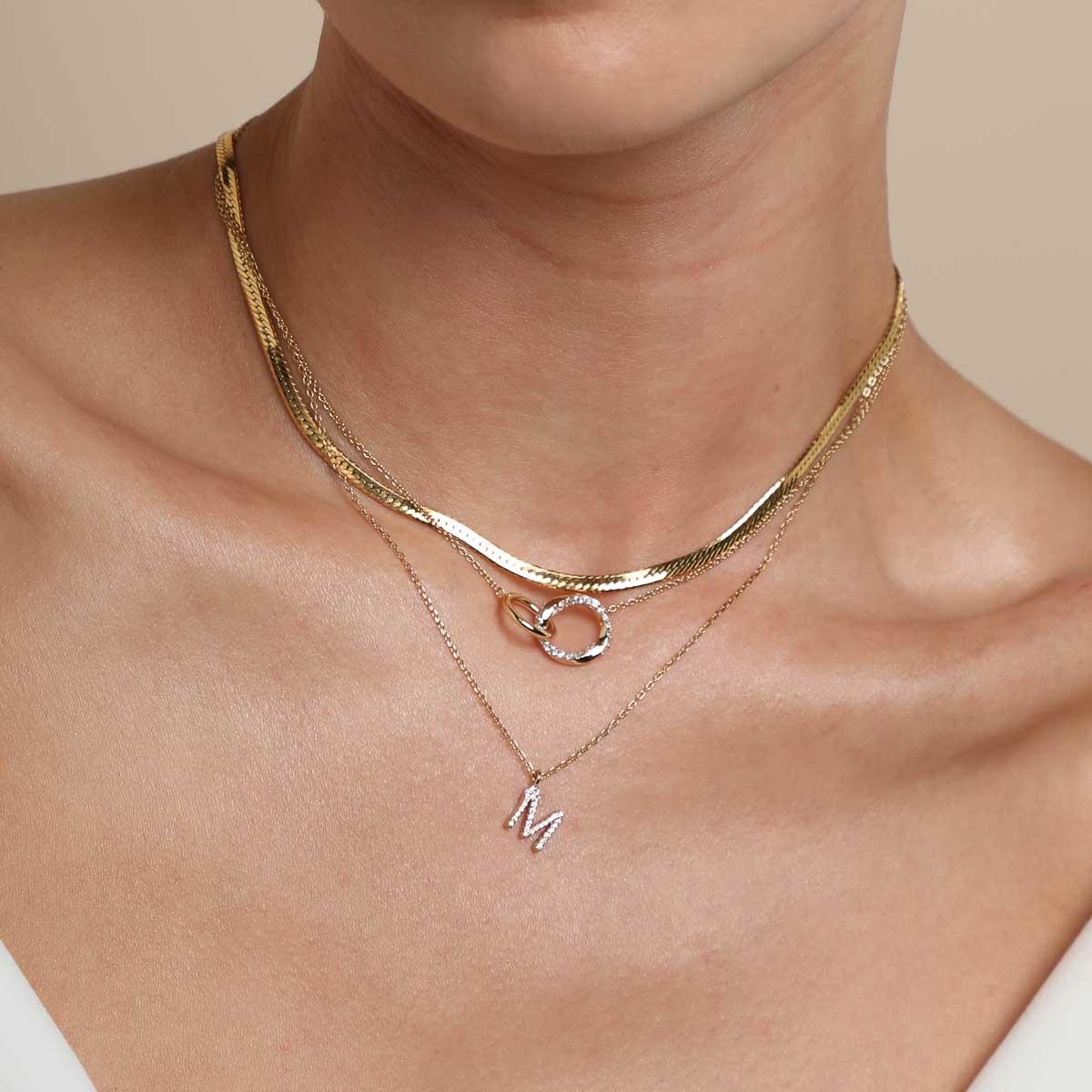 M Initial Pavé Pendant Necklace in Gold