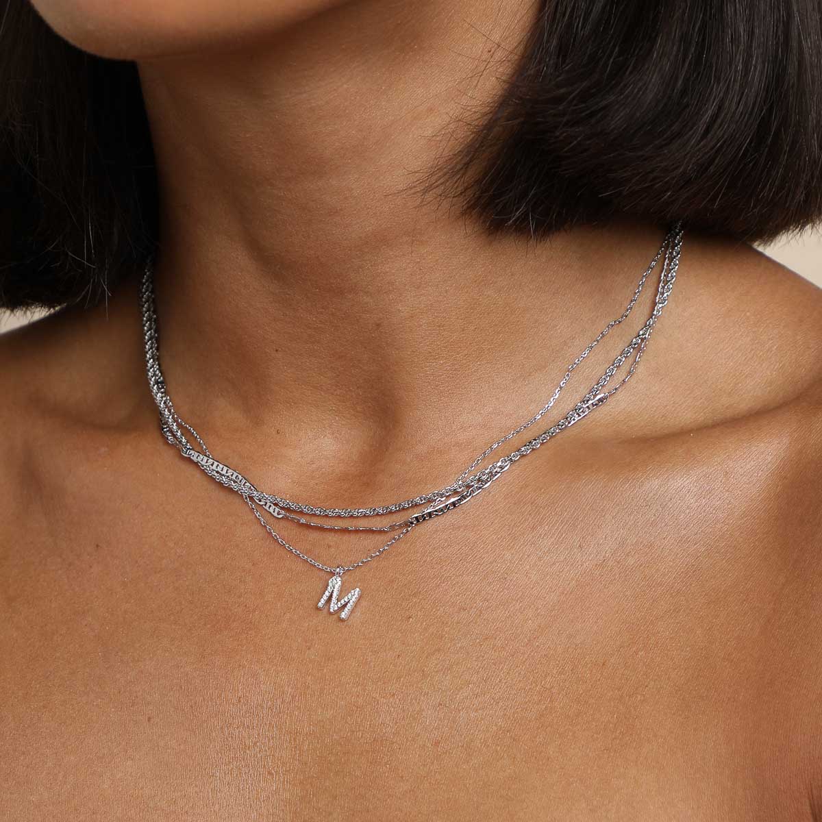 Gemstone Necklaces - M Initial Pavé Pendant Necklace in Silver - Pendant Necklace - Astrid & Miyu