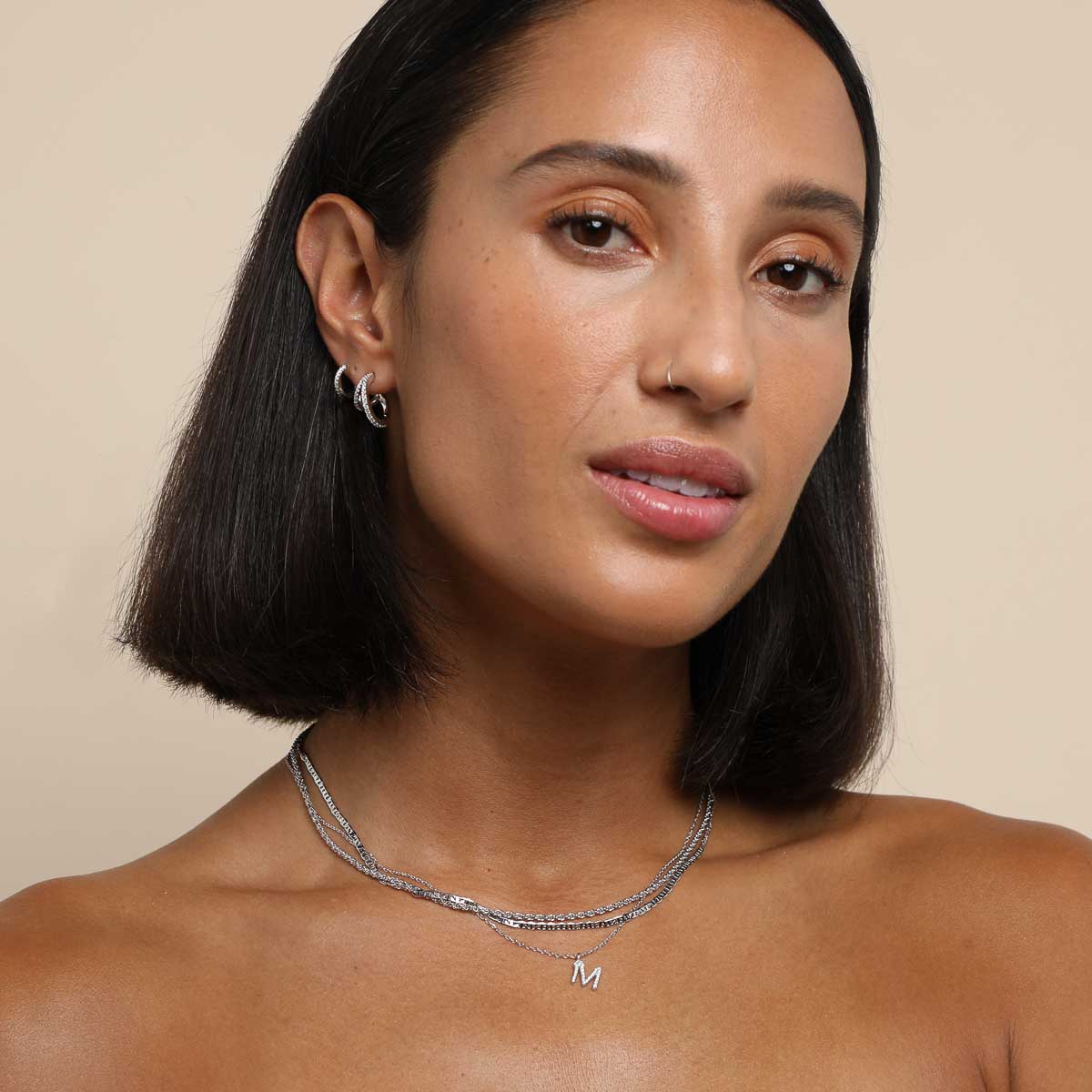 M Initial Pavé Pendant Necklace in Silver