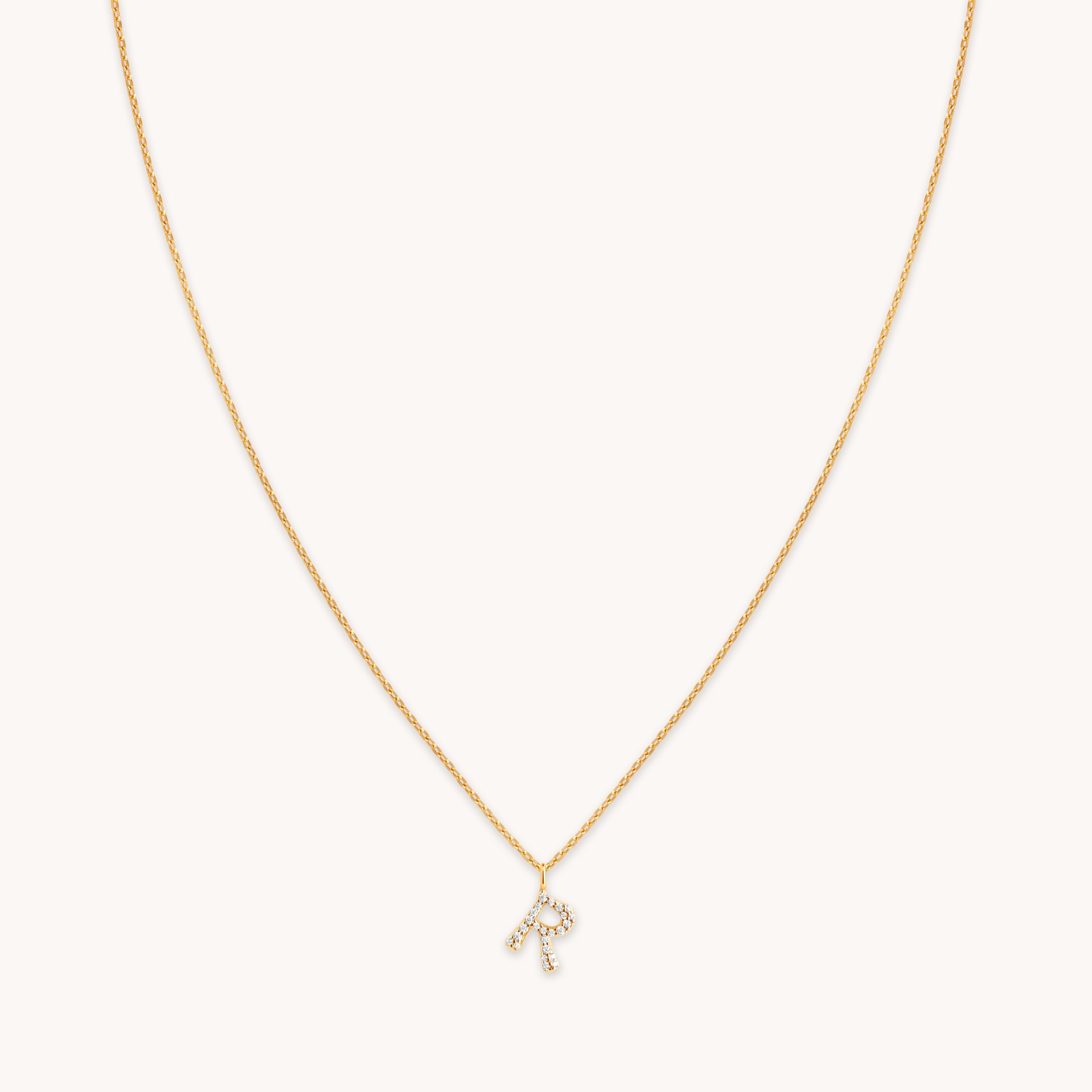 18k Gold Plated Jewellery - R Initial Pavé Pendant Necklace in Gold - Pendant Necklace - Astrid & Miyu