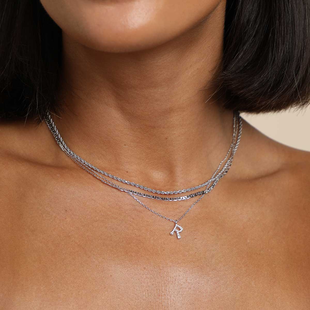 R Initial Pavé Pendant Necklace in Silver