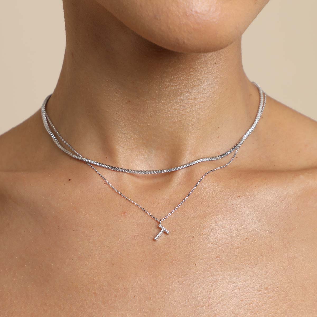T Initial Pavé Pendant Necklace in Silver