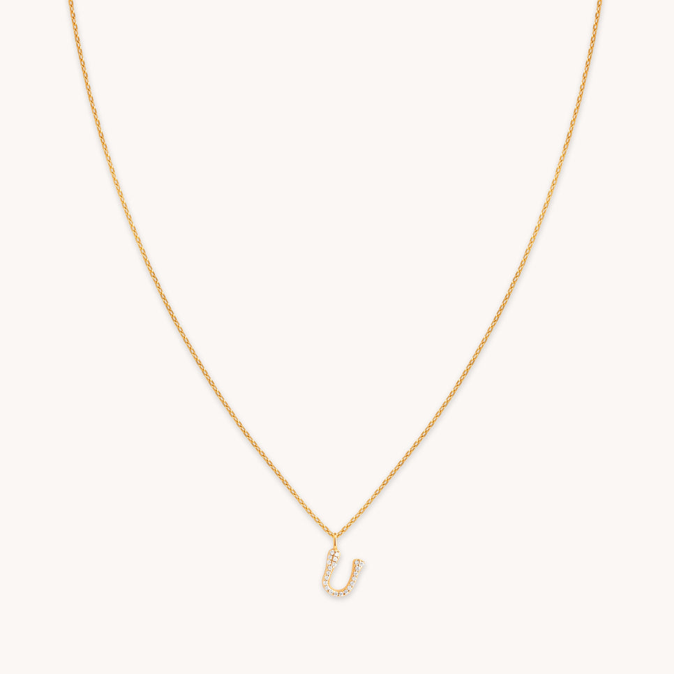 18k Gold Plated Jewellery - U Initial Pavé Pendant Necklace in Gold - Pendant Necklace - Astrid & Miyu