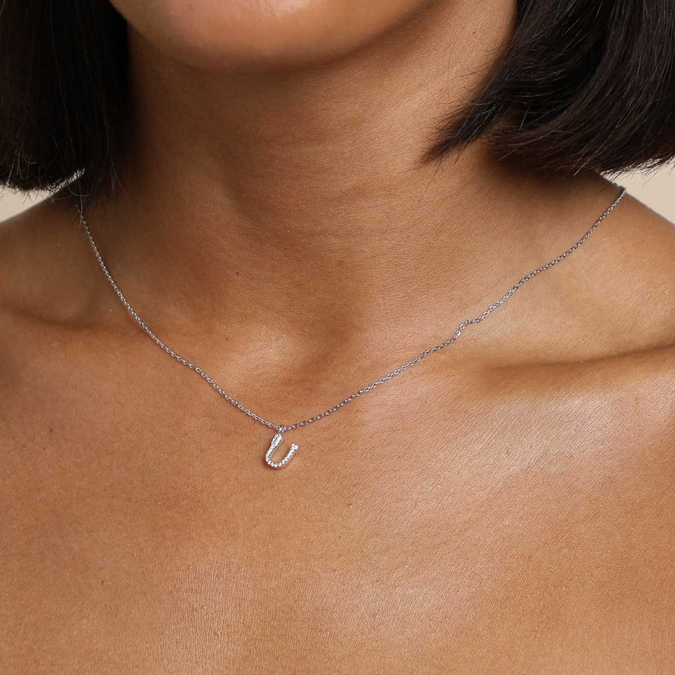 Gemstone Necklaces - U Initial Pavé Pendant Necklace in Silver - Pendant Necklace - Astrid & Miyu