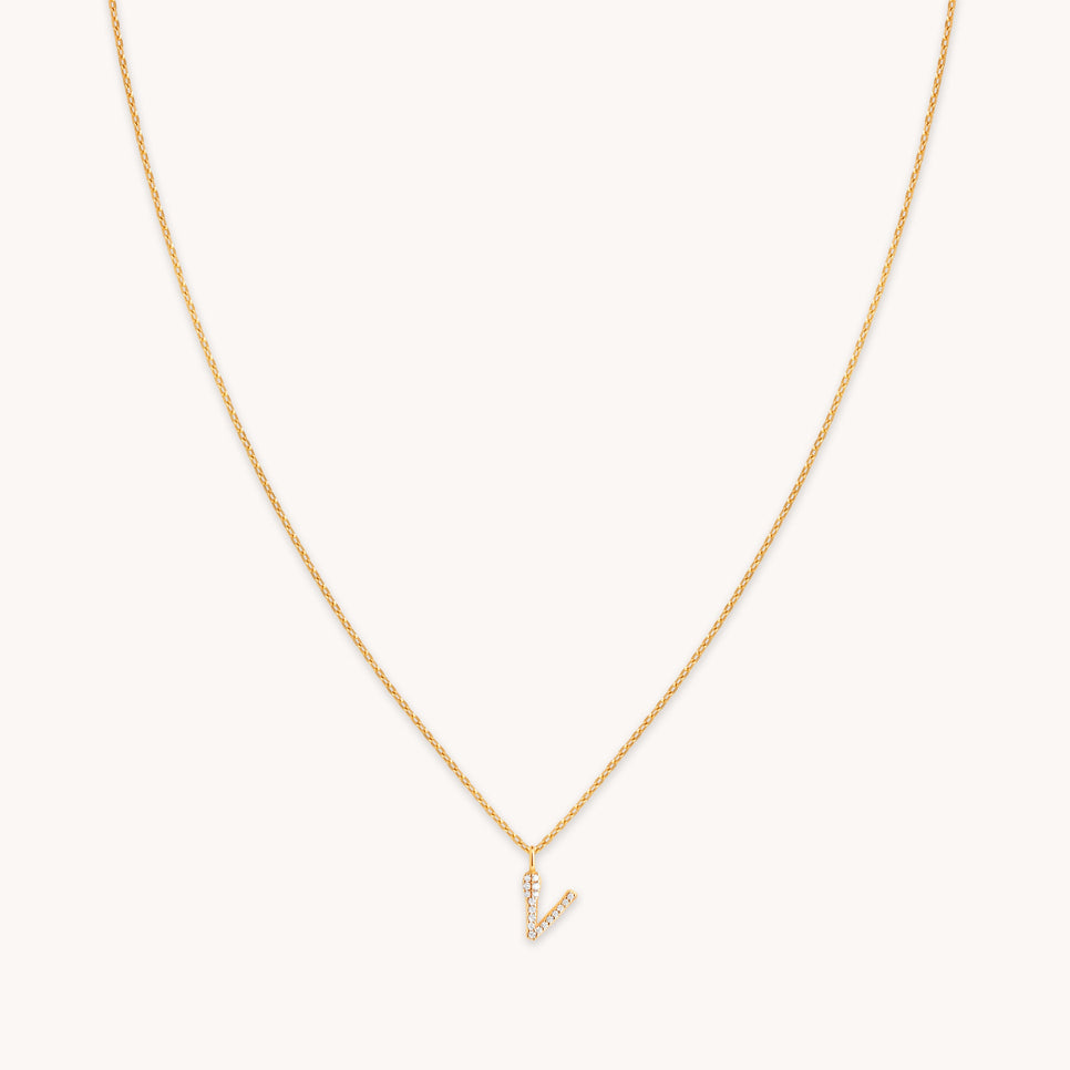 V Initial Pavé Pendant Necklace in Gold