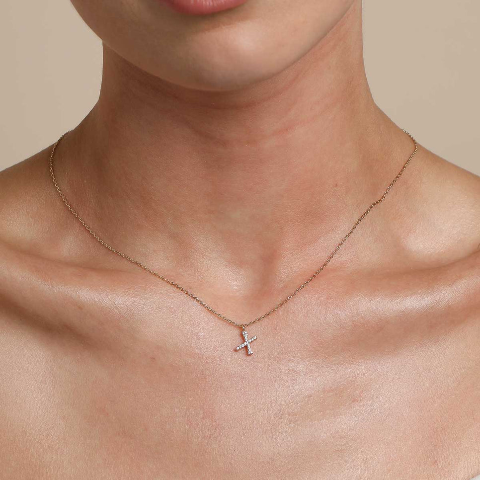 18k Gold Plated Jewellery - X Initial Pavé Pendant Necklace in Gold - Pendant Necklace - Astrid & Miyu