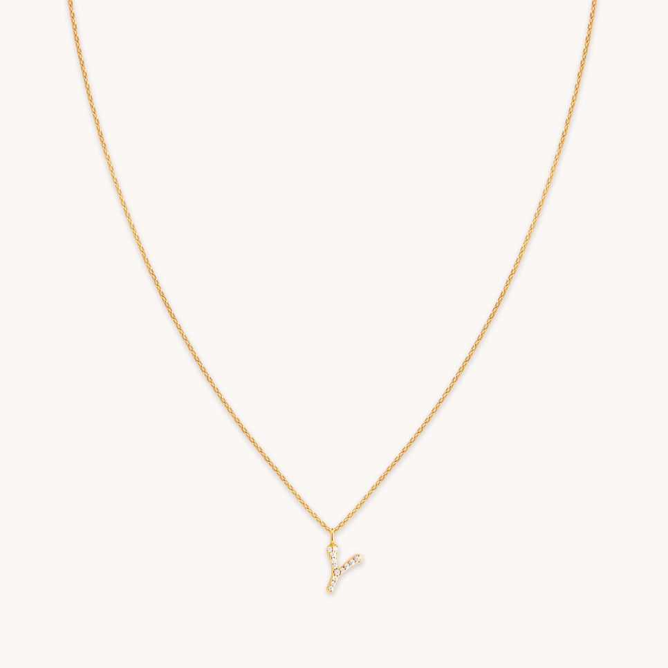18k Gold Plated Jewellery - Y Initial Pavé Pendant Necklace in Gold - Pendant Necklace - Astrid & Miyu
