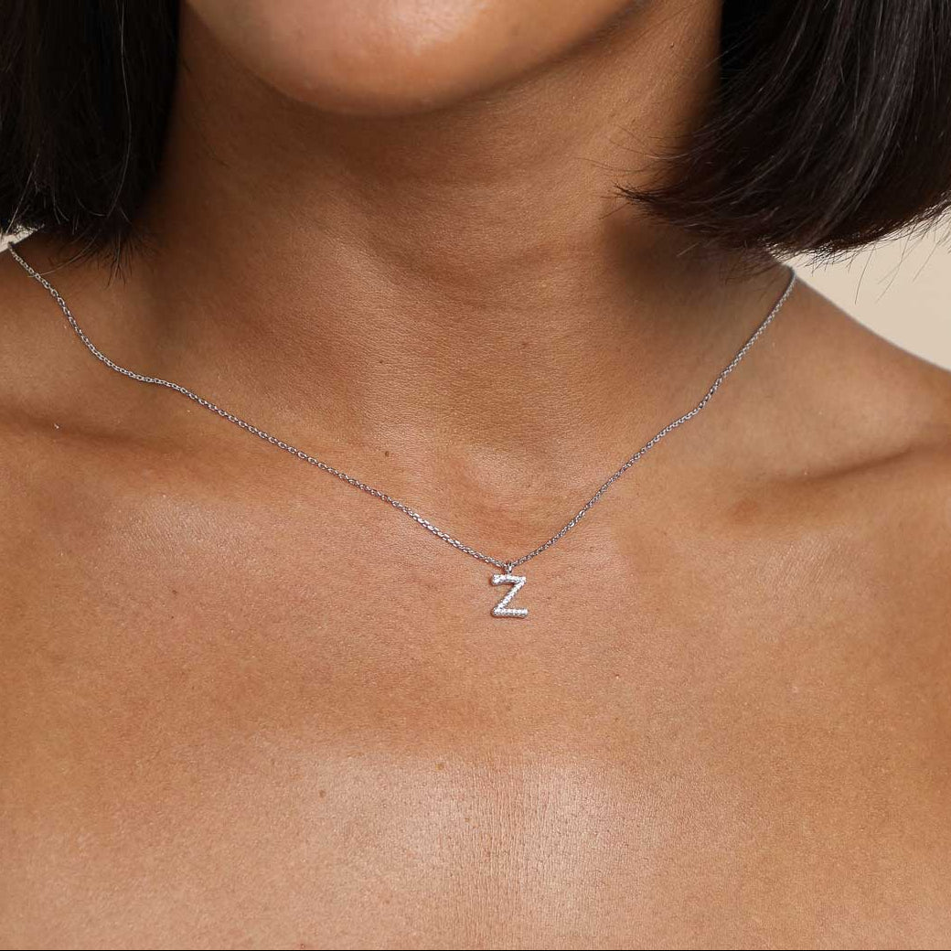 Gemstone Necklaces - Z Initial Pavé Pendant Necklace in Silver - Pendant Necklace - Astrid & Miyu