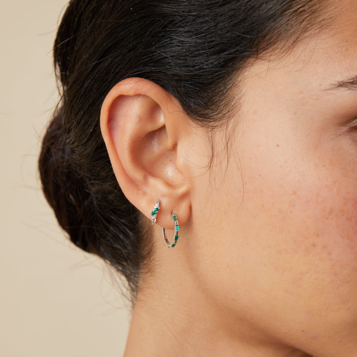 Emerald Cluster Piercing Hoop in Solid White Gold