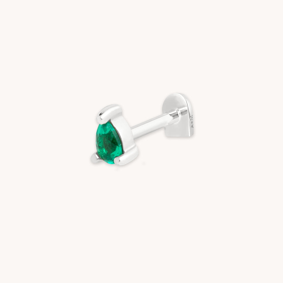 Emerald Pear Piercing Stud in Solid White Gold