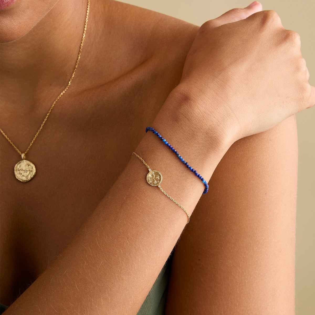 Lazurite September Beaded Bracelet in Solid Gold