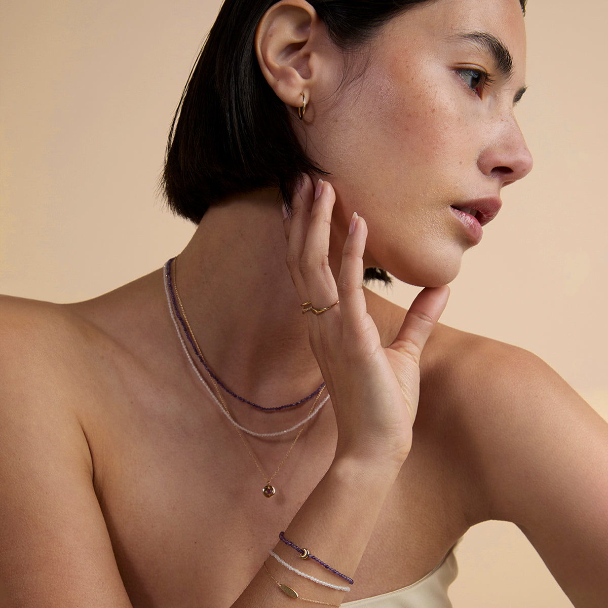 Amethyst February Beaded Bracelet in Solid Gold
