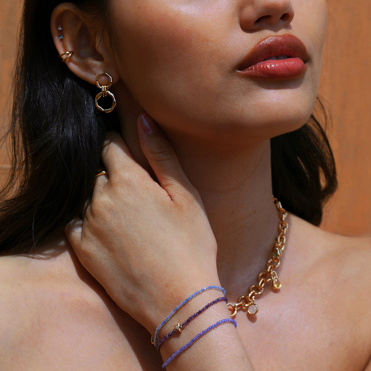 Amethyst February Beaded Bracelet in Solid Gold