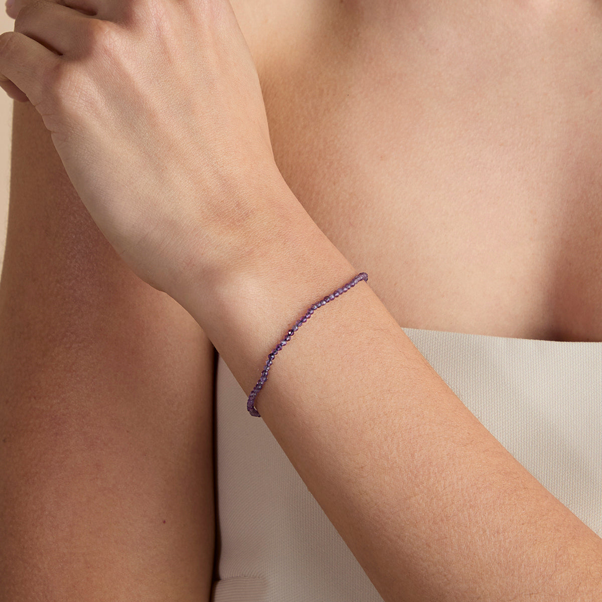 Amethyst February Beaded Bracelet in Solid White Gold