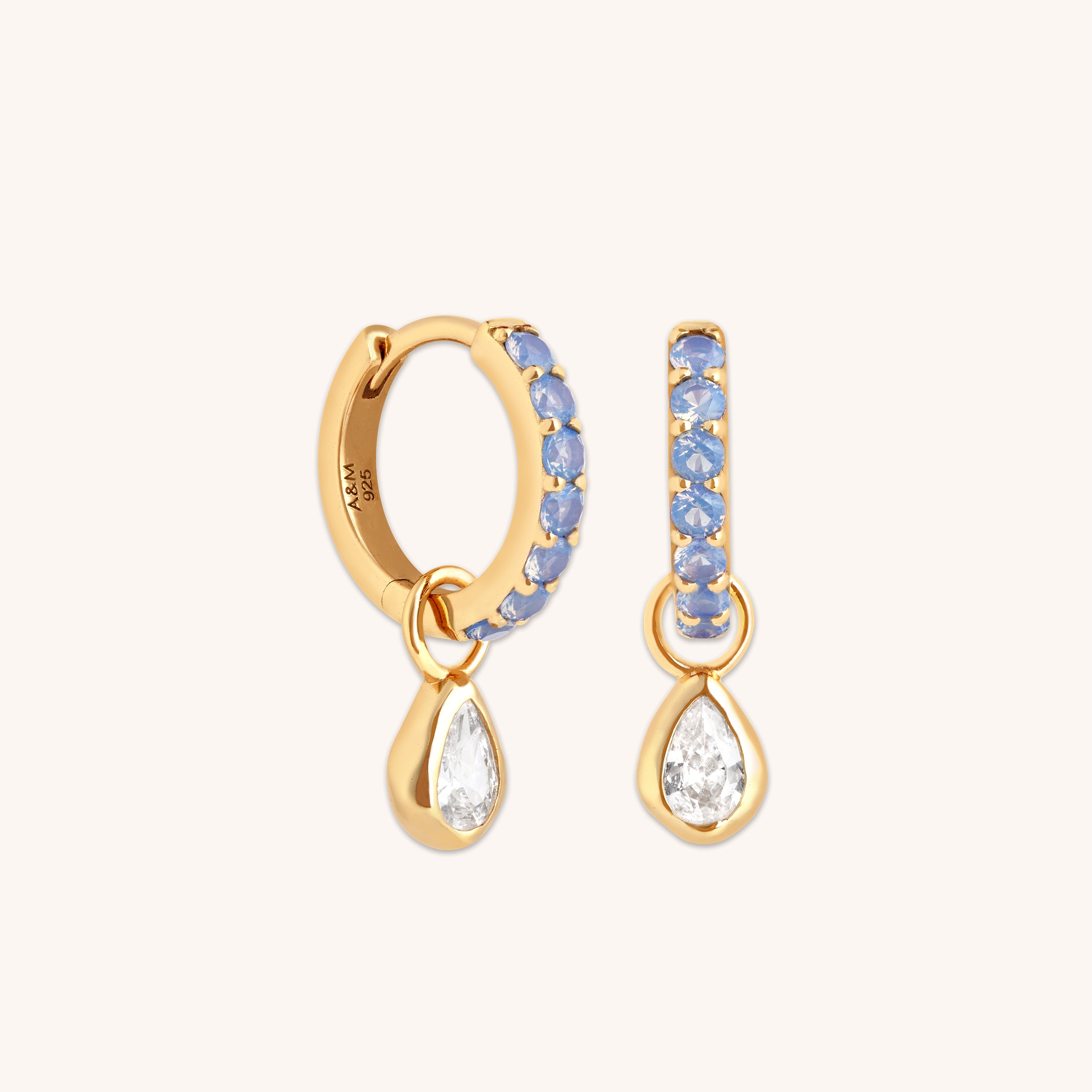 Blue Pear Charm Huggies in Gold