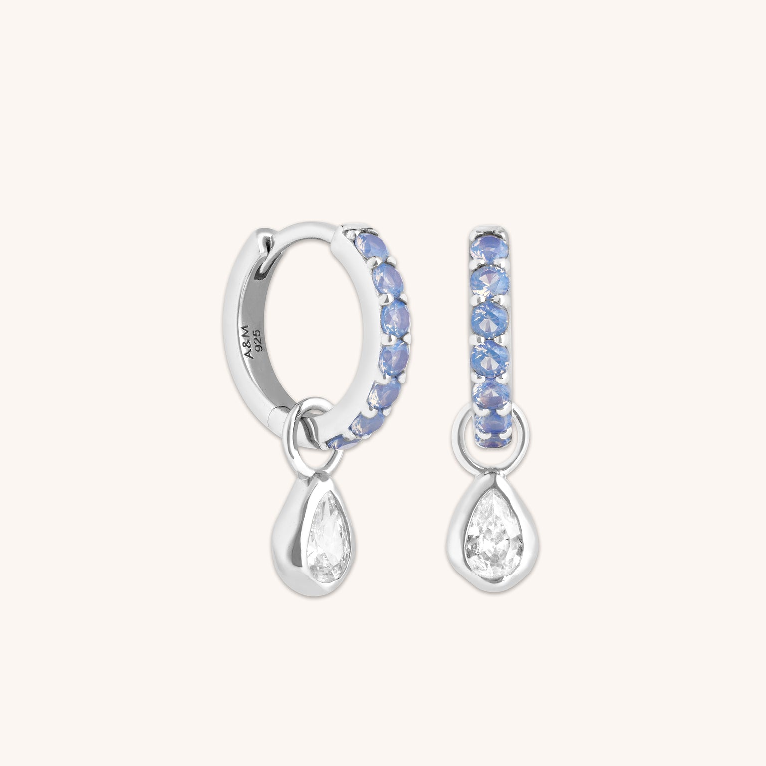 Blue Pear Charm Huggies in Silver