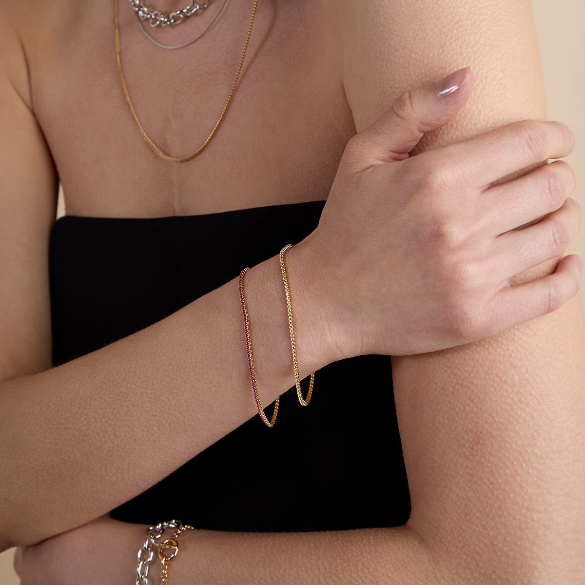 Pink Tennis Chain Bracelet in Gold