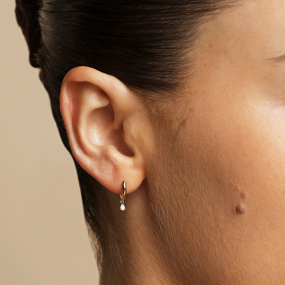 Moonstone Pear Charm Huggies in Gold