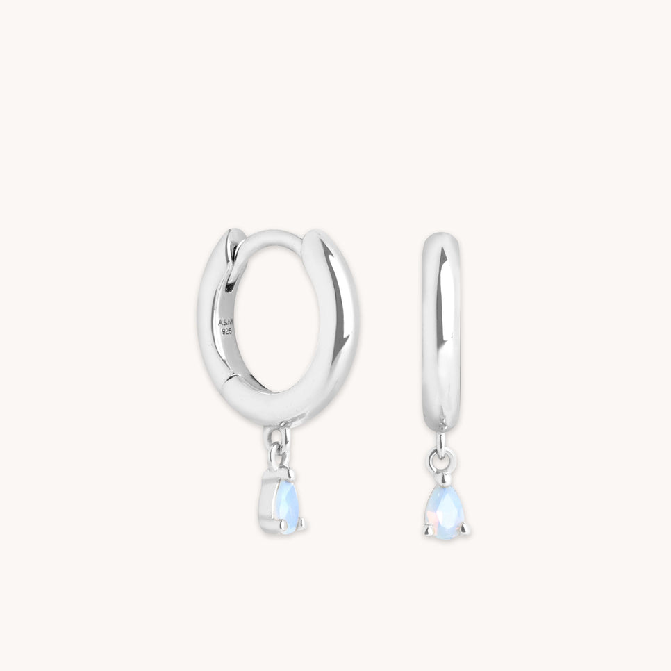 Moonstone Pear Charm Huggies in Silver