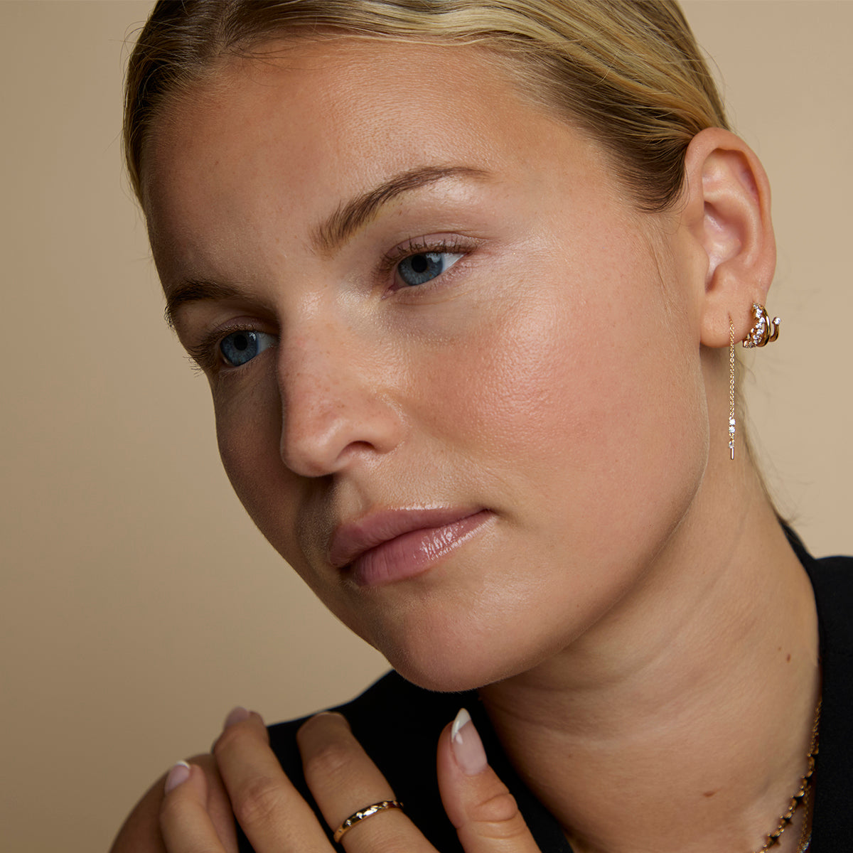 Crystal Thread Through Earrings in Gold
