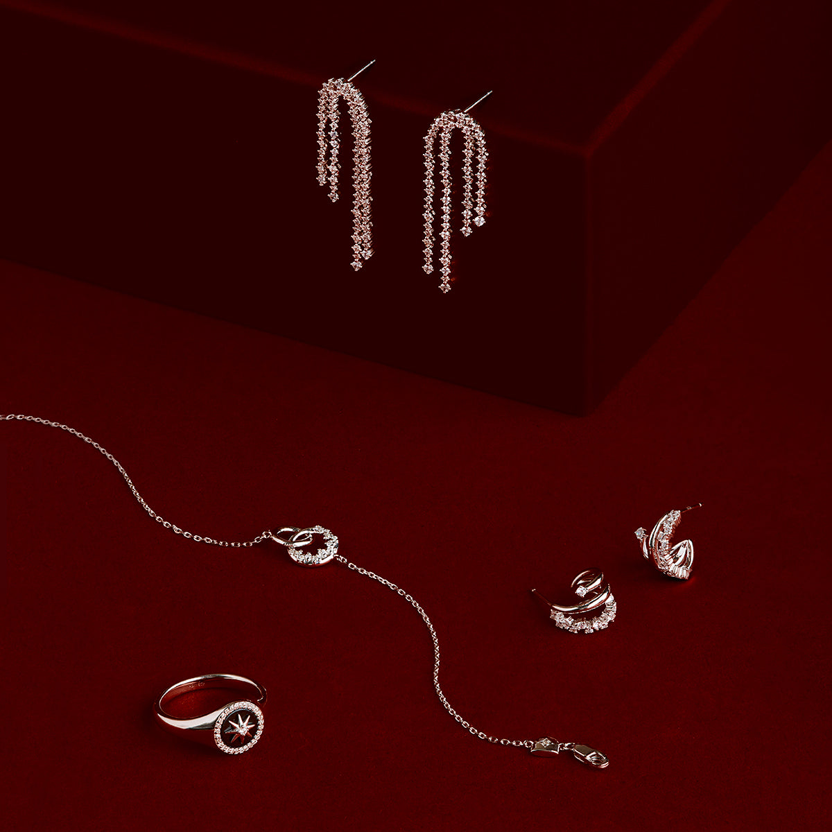 Crystal Scatter Drop Studs in Silver