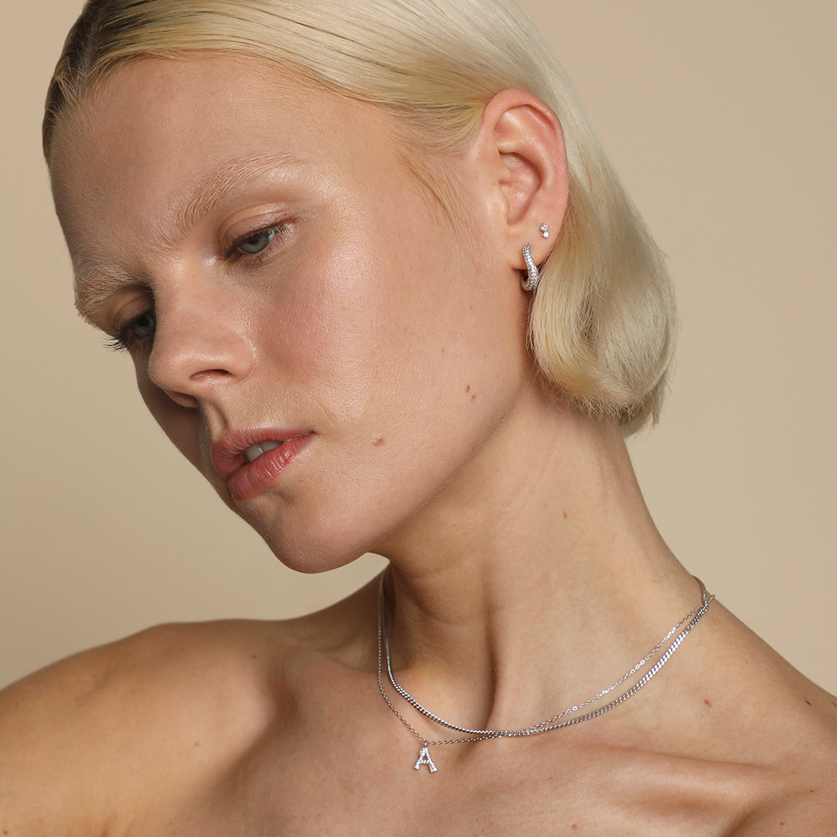 Square Crystal Double Titanium Piercing Stud in Platinum-Astrid & Miyu