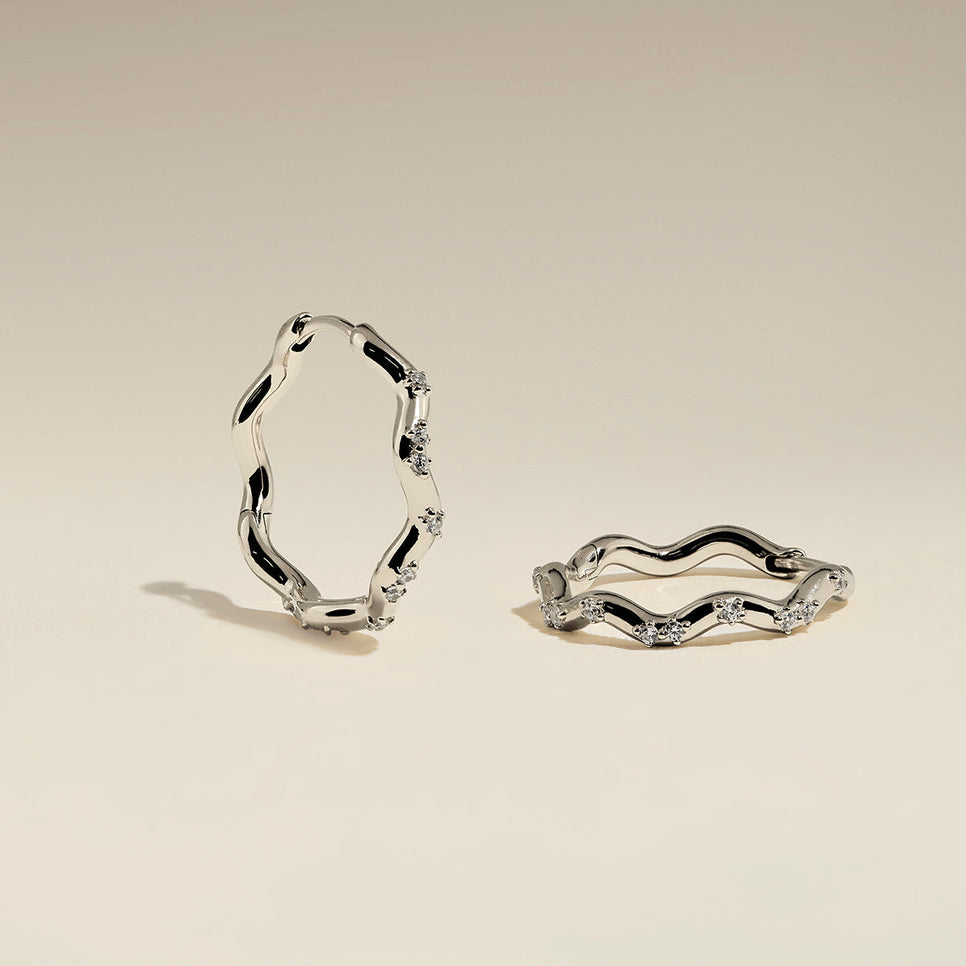 Scalloped Crystal Medium Hoops in Silver-Astrid & Miyu