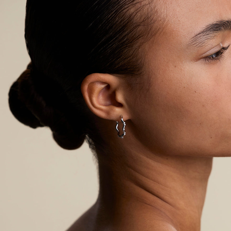 Scalloped Crystal Medium Hoops in Silver-Astrid & Miyu