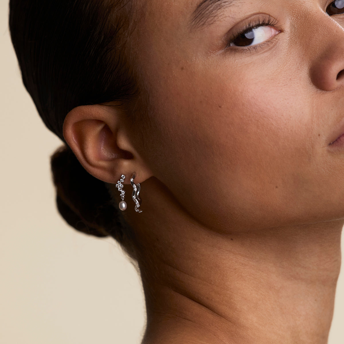 Scalloped Crystal Charm Studs in Silver