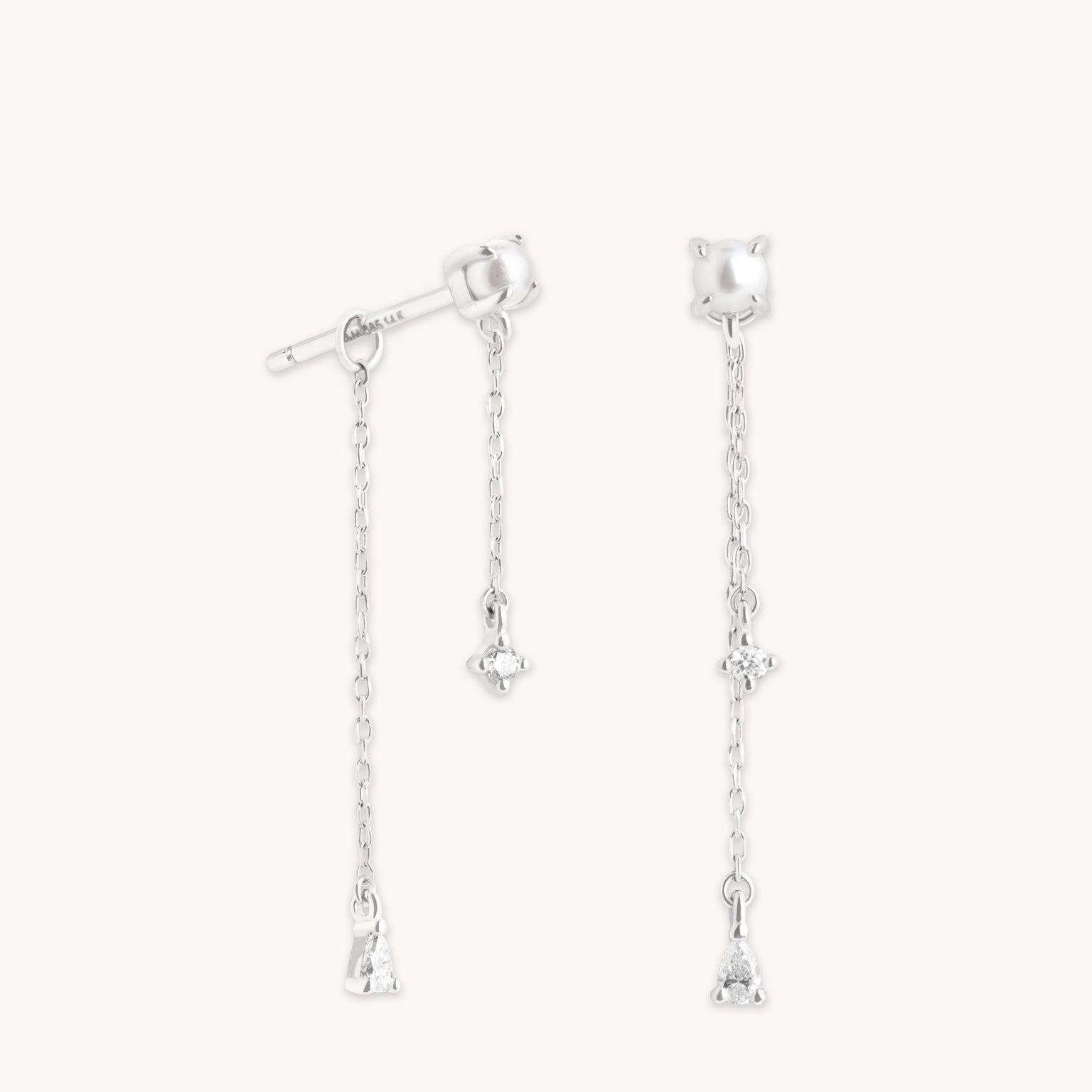 Diamond & Pearl Chain Studs in Solid White Gold
