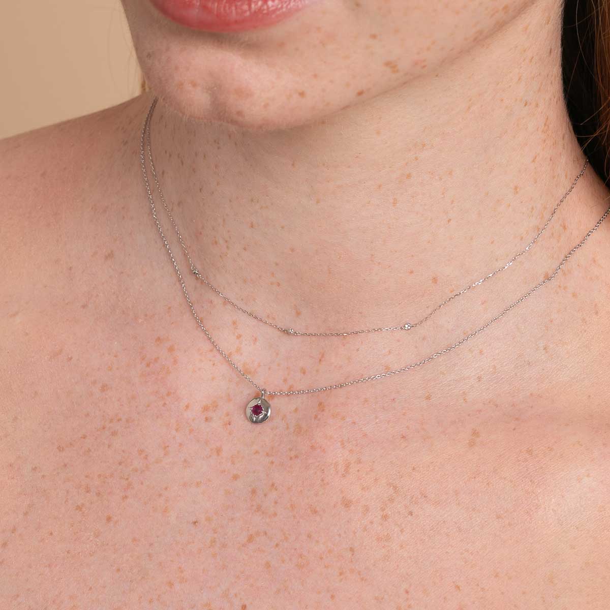 July Ruby Birthstone Necklace in Solid White Gold