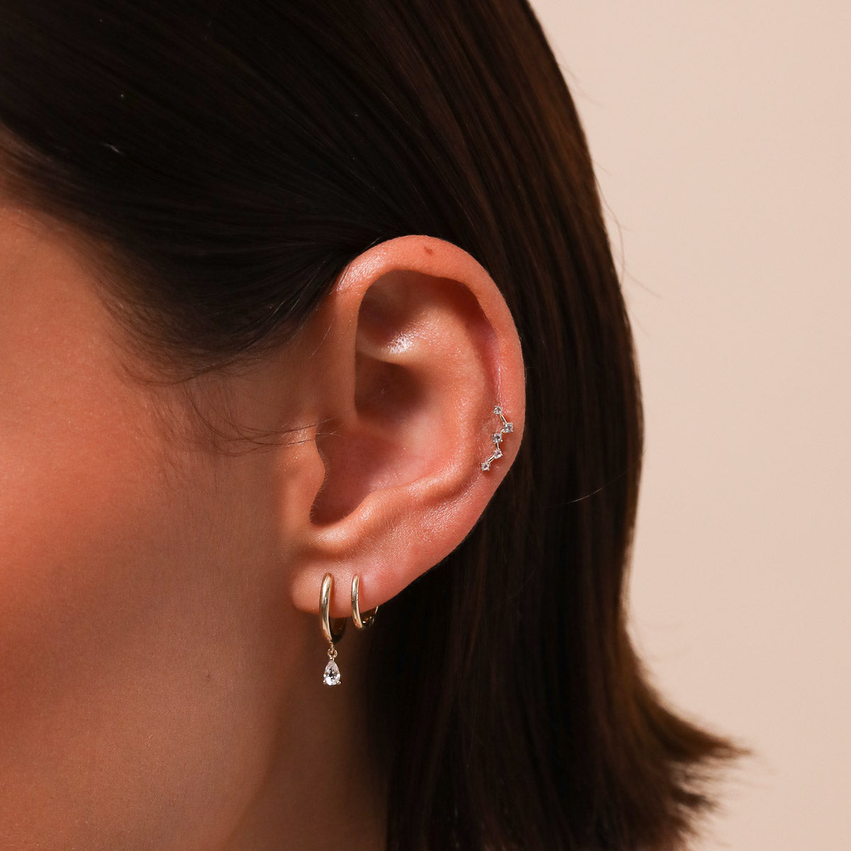 Teardrop Charm Piercing Hoop in Solid Gold worn