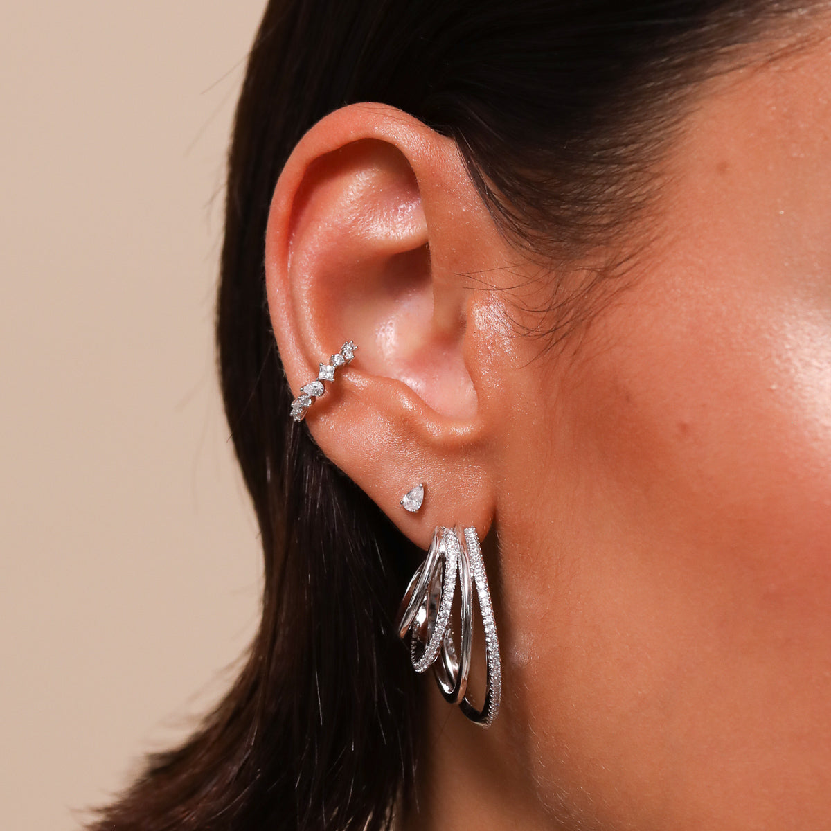 Celestial Crystal Ear Cuff in Silver worn