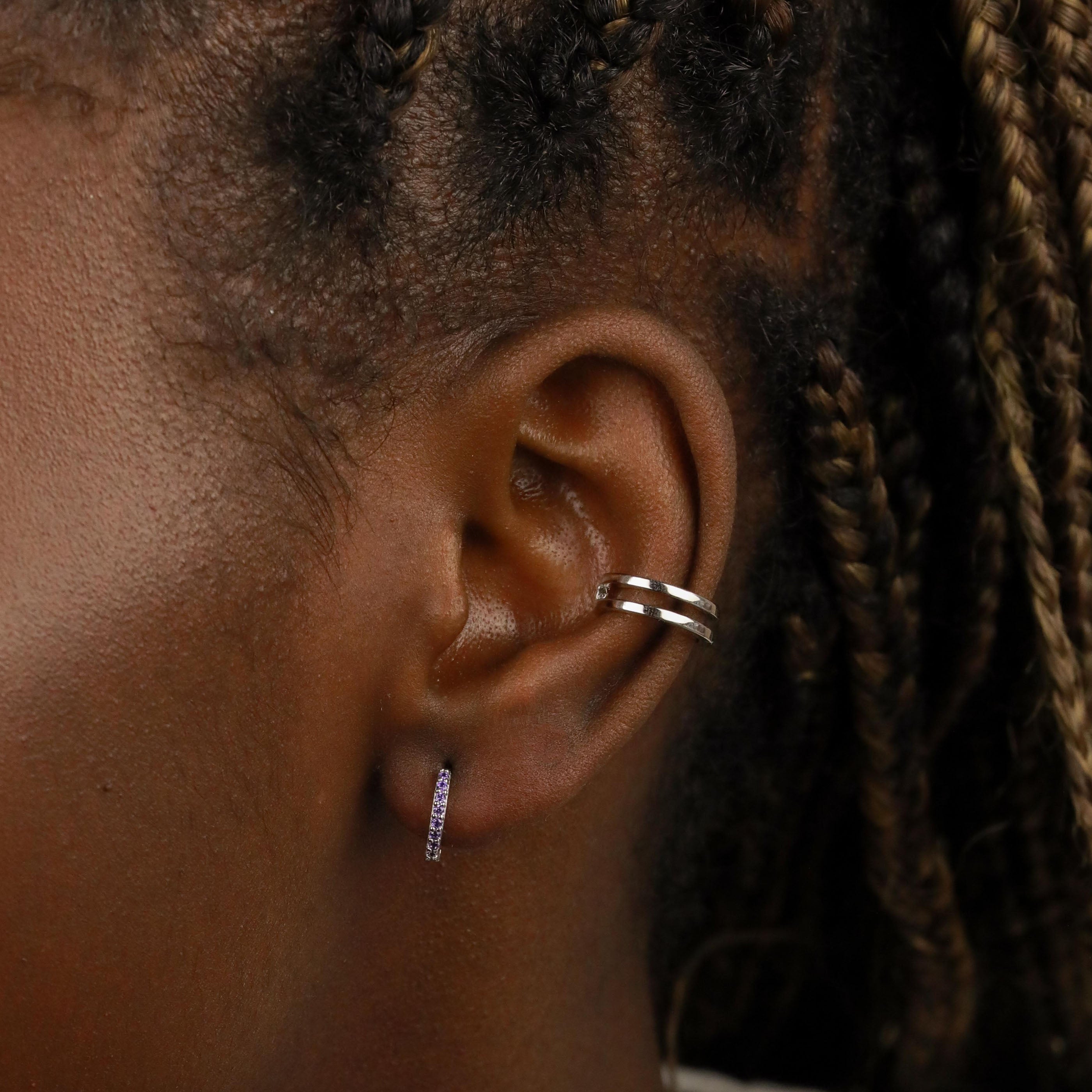 February Birthstone Huggies in Silver with Amethyst CZ